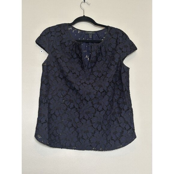 J. Crew Flower Lace Cap Sleeve Blouse Top SZ 10 Navy Key Hole Pullover Preppy - Picture 1 of 9